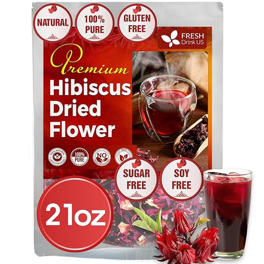 FreshDrinkUS, Premium 21oz Hibiscus Flowers, 100% Natural & Pure from Hibiscus Flowers, Hibiscus Flower Herbal Tea, No Additives, No Caffeine, Vegan
