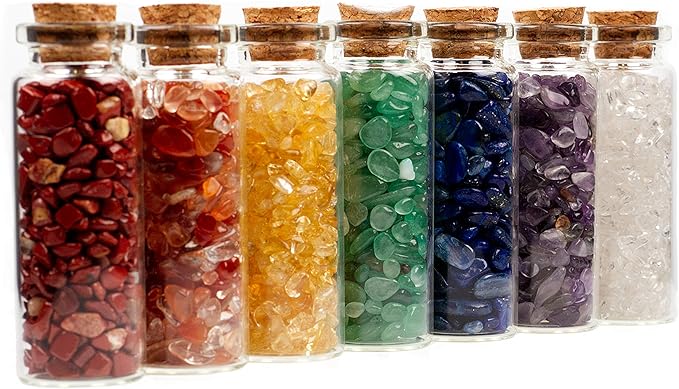 Cherry Tree Collection Crystals and Healing Stones Chakra Set - Mini Glass Bottles with Gemstone Chips - 7 Chakra Stones - Real Rocks and Crystals