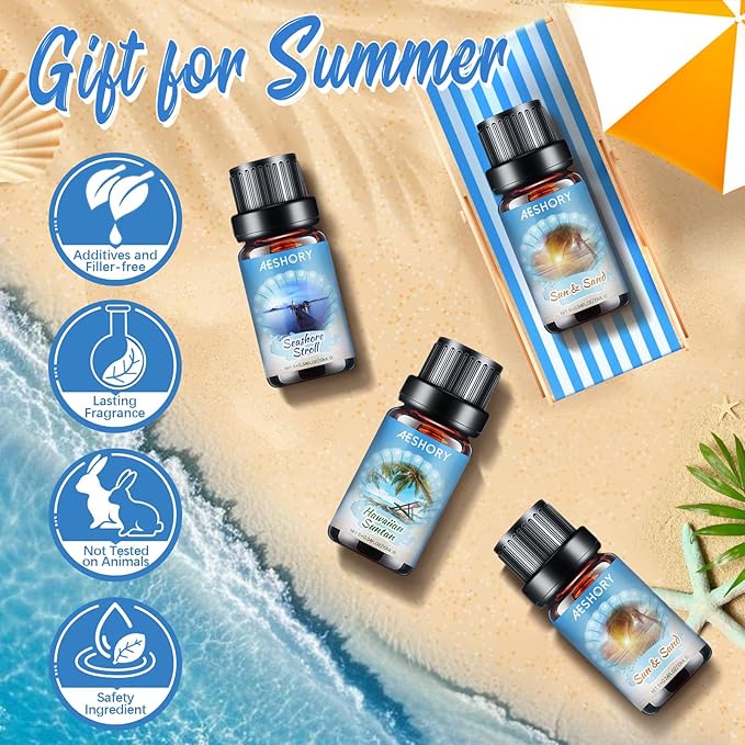 Beach Fragrance Oils Set,6 Premium Summer Essentials Oils for Diffusers for Home,Candle & Soap Making, Ocean Breeze,Hawaiian Suntan,Sun & Sand,Marine,Rock Salt & Driftwood,Seashore Stroll Scented Oil