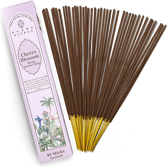 Incense Sticks, Cherry Blossom Incense, Made with Natural Ingredients, Hand Rolled Aromatic Masala, 40 Stick Pack, 45-60 Minute Burn Time, Best for Home Fragrance, Meditation, Yoga, Spiritual Healing