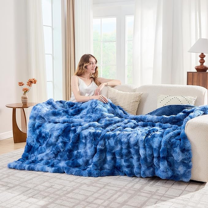 Lotus Karen Faux Fur Throw Blanket Tie-Dye Blue - Big Bubble Rabbit Fluff Blanket for Couch, Large Fluffy Fuzzy Cozy Blanket,Thick Furry Plush Shaggy Blankets,108x90 Inches
