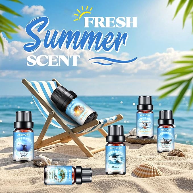 Beach Fragrance Oils Set,6 Premium Summer Essentials Oils for Diffusers for Home,Candle & Soap Making, Ocean Breeze,Hawaiian Suntan,Sun & Sand,Marine,Rock Salt & Driftwood,Seashore Stroll Scented Oil