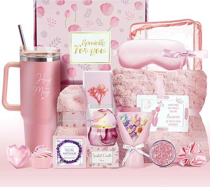 15PCS Birthday Gifts for Women, Relaxing Spa Basket With Luxury Flannel Blanket and 40 oz Tumbler - Care Package for Her, Mom, Wife, Friends - Valentine's, Mother's Day, Christmas