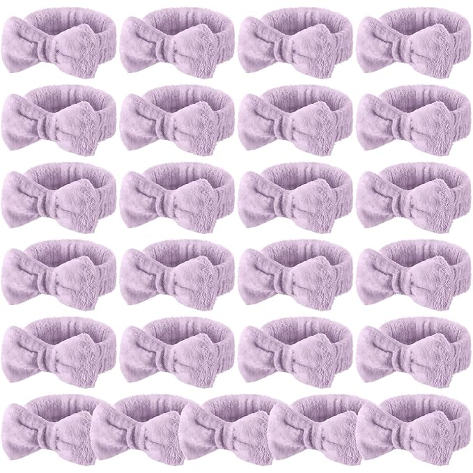 25 Pcs Spa Headband Bulk Makeup Headbands for Washing Face Cute Bow Hairbands Soft Coral Fleece Hairbands for Women Face Skin Care Makeup Spa Gift Shower Yoga (Classic Pattern,Purple)