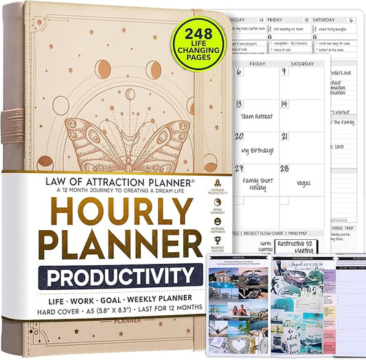 Hourly Planner - Undated Weekly & Monthly Planner, 12-Month Journey to Increase Productivity | Gratitude Journal, Life Organizer & Goal Journal | Include Foldable Vision Board, Habit Tracker & Sticker