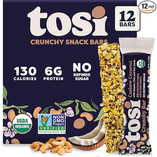 Tosi Cashew Coconut Protein Bars - Crunchy Nut & Seed Vegan Snack Bars, Gluten Free, 6g Plant Based Protein, Organic Flax, Chia, Sesame Seeds, Omega 3s, Low in Sugar, Dairy Free, No Soy - 1 oz 12-Pack
