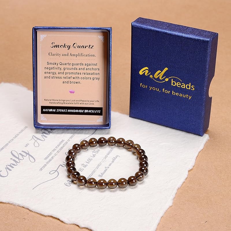 AD Beads Handmade Gemstone Stretch Elastic Bracelet Crystal Healing Reiki Nature's Beauty and Spiritual Essence Unisex (8mm, Smoky Quartz (Clarity and Amplification))