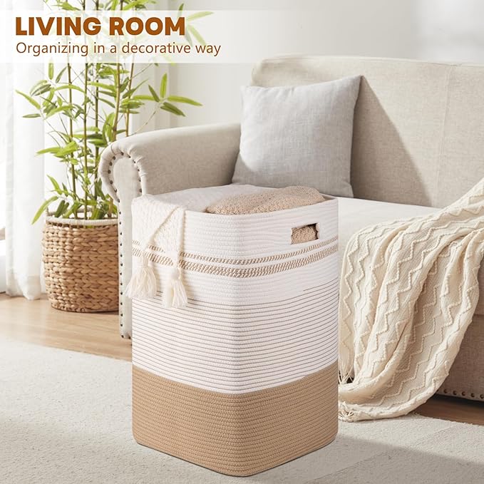 Laundry Hamper, Large Woven Rope Tall Laundry Basket with Handles, 24" X 16" X 16", Decorative Storage Basket for Clothes and Blankets in Living room, Bedroom, Jute & White