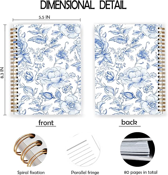 Blue and White Chinoiserie Floral Spiral Notebook, Grandmillennial Flower Notebooks for Note Taking, Vintage Blue Floral Journal Journaling, 5.5x8.3 Inch