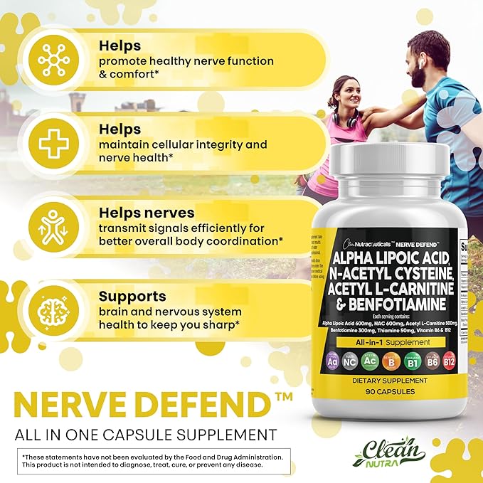 Alpha Lipoic Acid 600mg N-Acetyl Cysteine 600mg Acetyl L-Carnitine 500mg Benfotiamine 300mg - Nerve Support Supplement for Women and Men with Vitamin B1 B6 & B12 - Made in USA 90 Caps