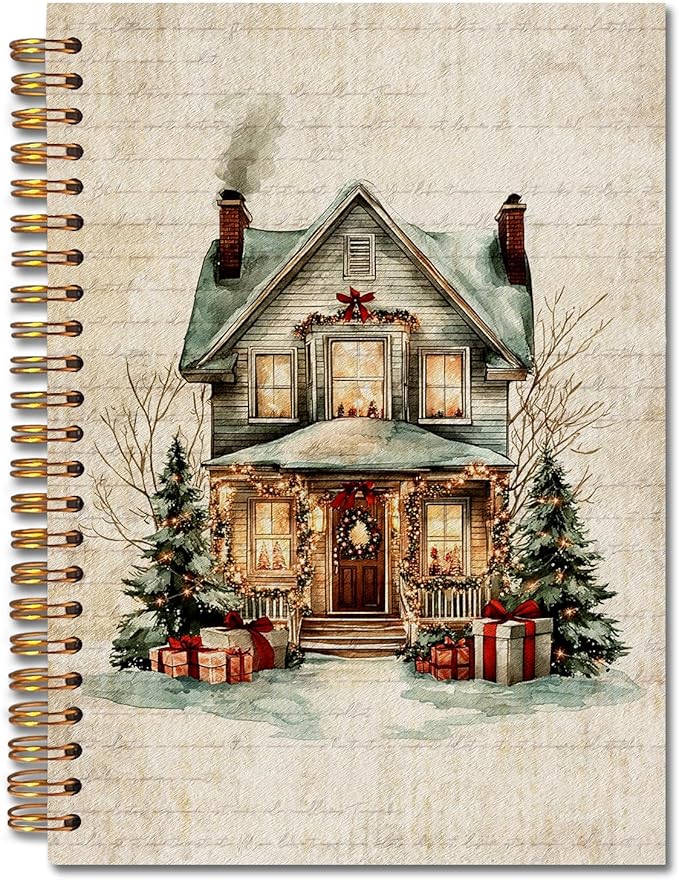 Exqcom Christmas House Spiral Notebook Gifts, Winter Holiday Cottage Retro Journal for Women, Christmas Office Gifts Hardcover Notebook Journal Office School Supplies, 5.5x8.3 Inch