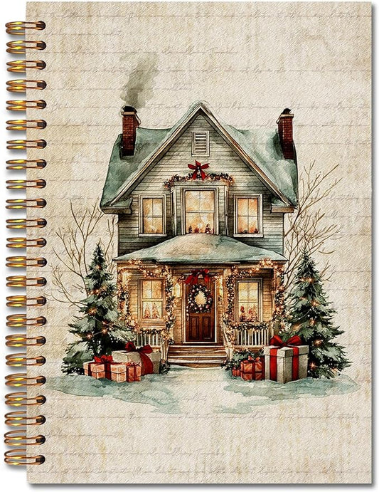 Exqcom Christmas House Spiral Notebook Gifts, Winter Holiday Cottage Retro Journal for Women, Christmas Office Gifts Hardcover Notebook Journal Office School Supplies, 5.5x8.3 Inch
