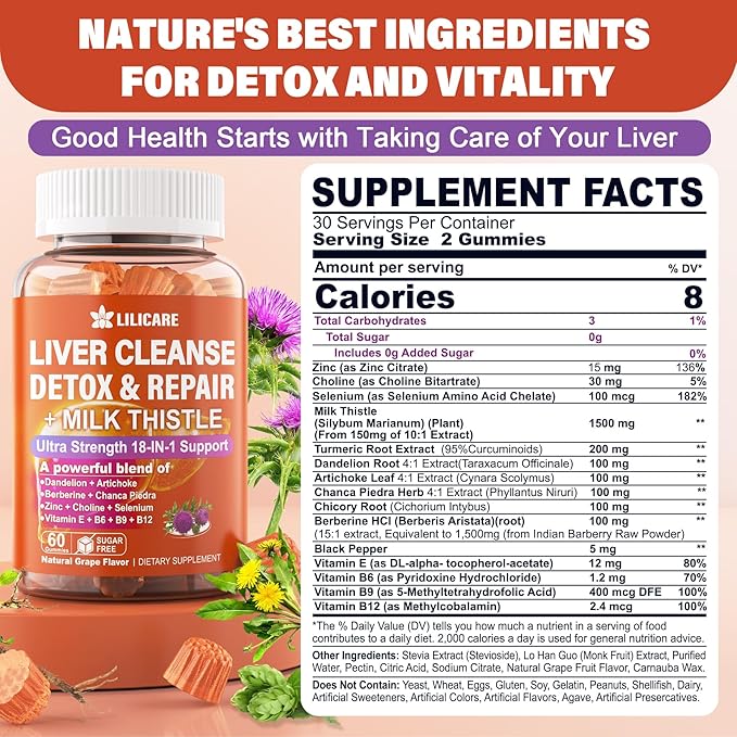 Milk Thistle Liver Detox Gummies, 18-IN-1 Liver Cleanse Detox & Repair Supplement with Berberine, Chicory Root, Turmeric, Artichoke, Dandelion Root, Chanca Piedra, Vitamins B6 B12-Sugar Free,Pack of 2