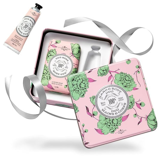 La Chatelaine Oud Rose Triple Milled Bar Soap and 20% Shea Butter Hand Cream Gift Set, Gift for Mom, Decorative Tin, Plant-Based, Natural & Organic, Made in France (7 oz. soap bar, 1 oz. hand lotion)