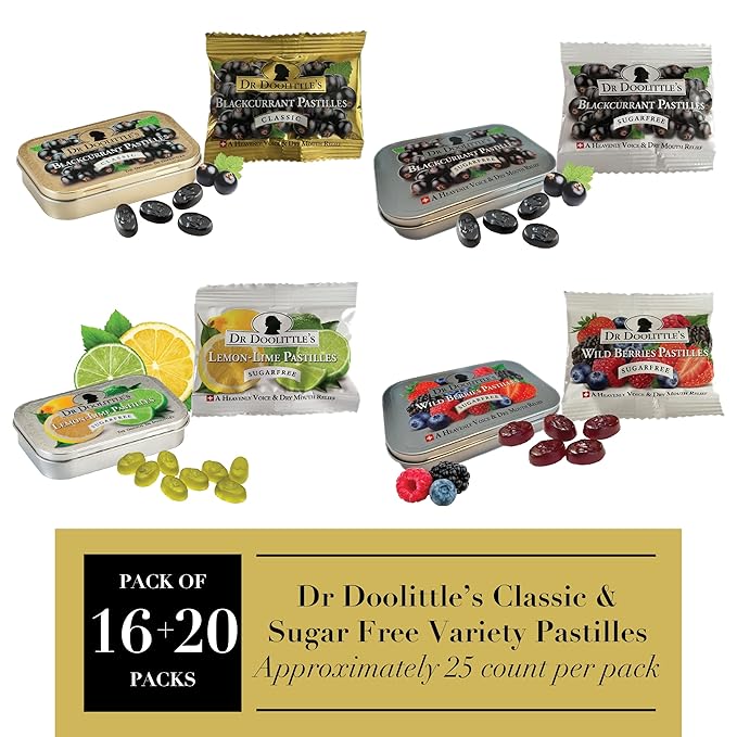 Dr. Doolittle’s Soft Fruit Pastilles Classic and Sugar Free Variety Pack for Voice and Throat, Blackcurrant, Lemon Lime, Wild Berries, 2.12 Ounce Tin, 16 Pack and .33 Ounce Travel Size Bag, 20 Pack