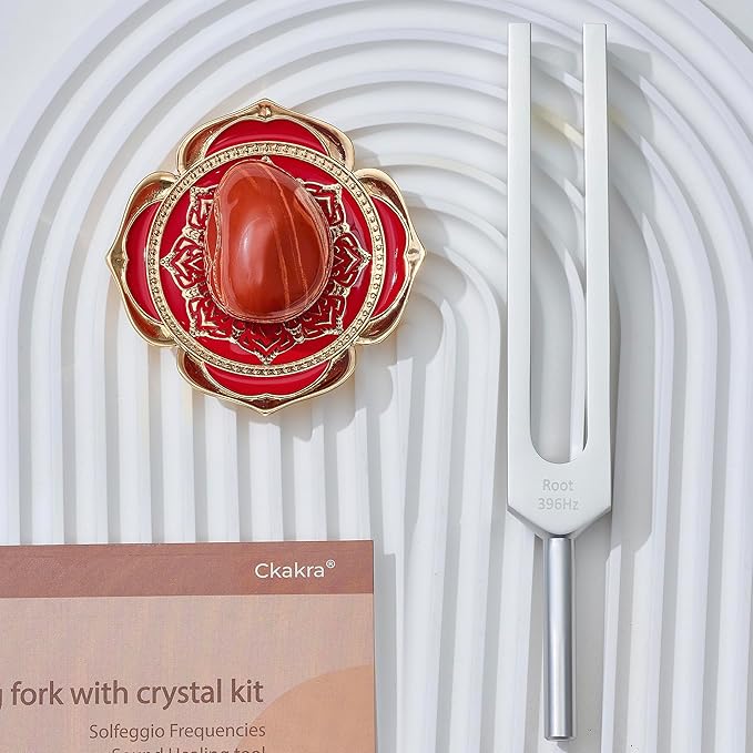 Ckakra Solfeggio Frequencies Tuning Fork Kit with Natural Crystal,396hz,Inner Peace,Thank you gifts for women,meditationg beginner,Red Root
