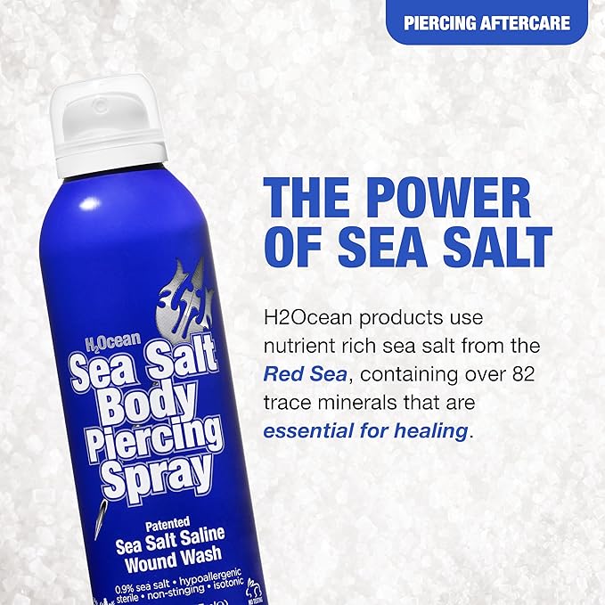 H2Ocean Sea Salt Body Piercing Spray - Saline Piercing Spray for Piercings & Body Modifications - Drug-, Preservative- & GMO-Free Vegan Piercing Aftercare - 6 oz (Pack of 2)