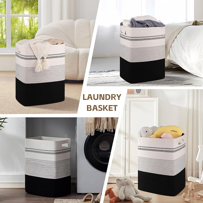 Laundry Hamper, Large Woven Rope Tall Laundry Basket with Handles, 22" X 17" X 13", Decorative Storage Basket for Clothes and Blankets in Living room, Bedroom, Black& White