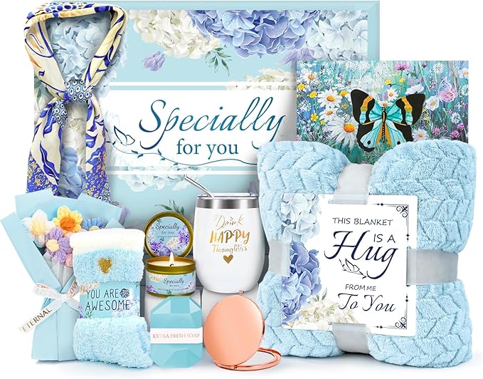 Birthday Gifts for Women Friendship Self Care Package Gifts for Women Get Well Soon Gift Baskets Relaxing Blanket Gifts Box for Sister Mom Wife Friend Her Fantasy Box (Blue)