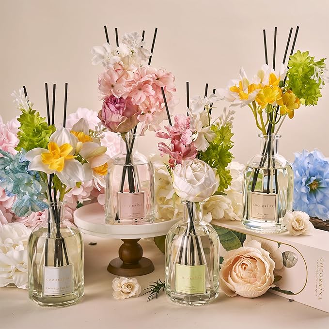 COCORRÍNA Reed Diffuser - Cherry Blossom 8.5 Fl.oz/ 250ml Flower Diffuser with 8 Sticks, Reed Diffusers for Home Bathroom Shelf Decor (Botanical Flower Collection)