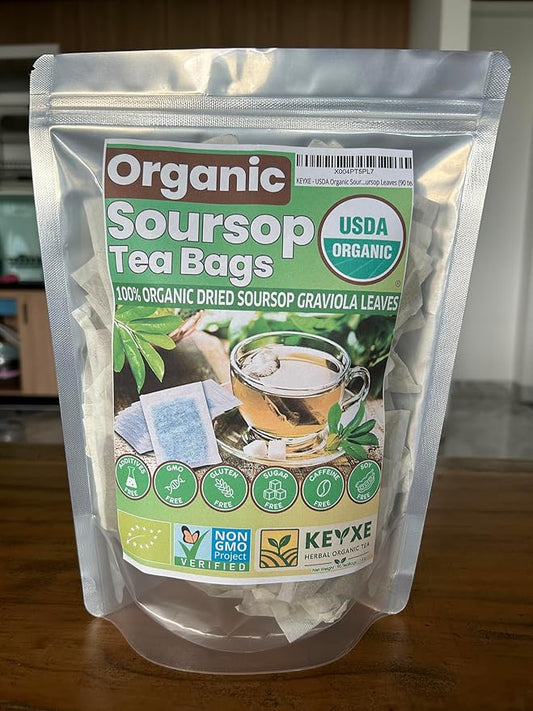 KEYXE - USDA Organic Soursop Graviola Leaves Tea 90 Bags. Non-GMO Verified , 100% Organic Soursop Leaves for Digestion, Boosting Immune, Improving Sleep & Skin Health, Gluten Free, Caffein Free , Hojas De Guanabana Tea Organica, Eco-Conscious Tea Bags