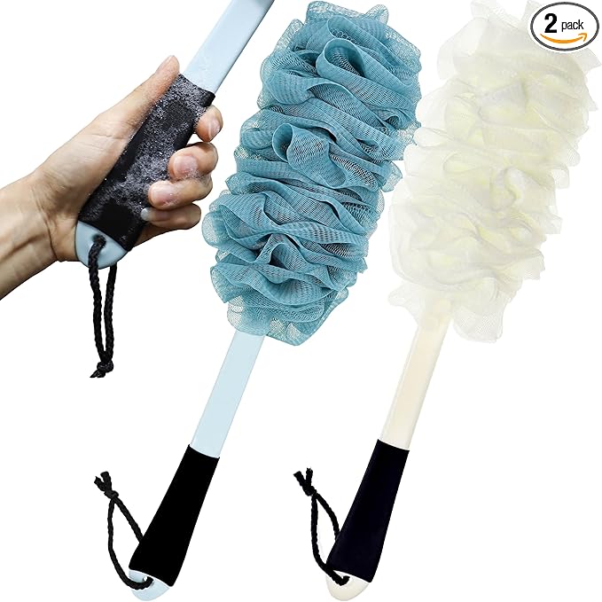 2Pack Back Scrubber for Shower, Loofah with Handle, Back Loofah Non-Slip Handle, Bath Body Brush, Scrub Cleaning Brush for Shower, Soft Mesh Sponge On a Stick for Men Women Elderly (Blue and White)