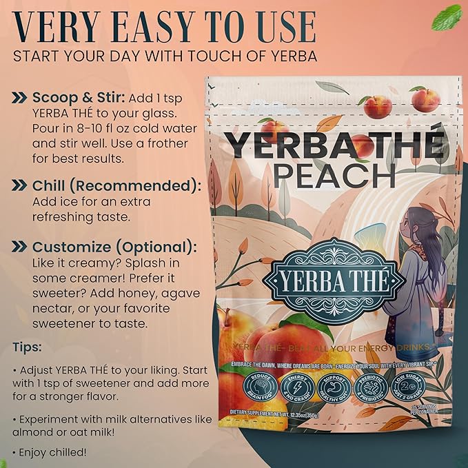 Ancient Diosa - Yerba Mate Tea Powder 350g, 35-Servings - Peach Flavor Clean Energy Drink Superfood - Support Gut Health with Probiotics and Prebiotics, Reduce Brain Fog, Relaxation and Focus Blend