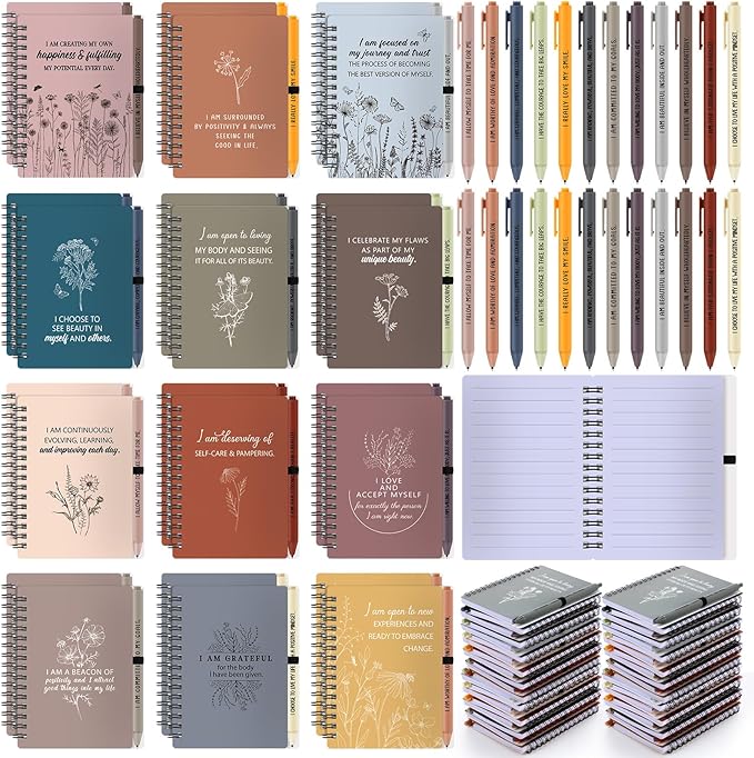 Kosiz 72 Pcs/36 Set Positive Affirmation Gifts Gratitude Spiral Notebooks with Pens Motivational Encouragement Notepads Daily Affirmations Journal for Women (Vibrant)