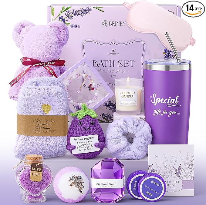 Briney 14Pcs Birthday Gifts for Women, Care Package for Women, Gift Basket, Unique Relaxing Lavender Themed Present for Mom Wife Sister Best Friend, Purple