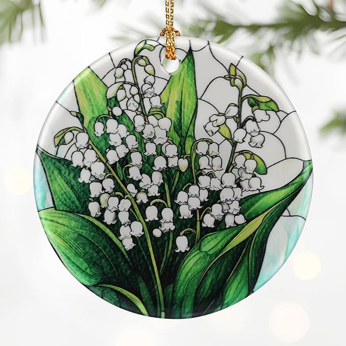 Lily of Valley Flower Ornament – Christmas Decoration & Christmas Ornament; Round Ceramic (Holiday Present, Bauble Present, Gift Idea, and Gift Exchange) | Heirloom Keepsake