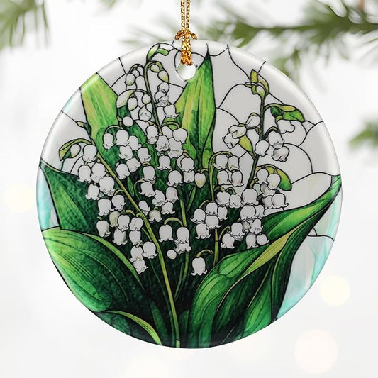 Lily of Valley Flower Ornament – Christmas Decoration & Christmas Ornament; Round Ceramic (Holiday Present, Bauble Present, Gift Idea, and Gift Exchange) | Heirloom Keepsake