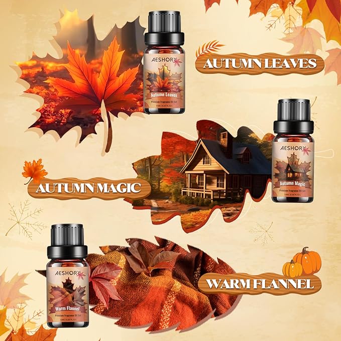 Autumn Essential Oils Set, 6 Premium Fall Fragrance Oils for Diffuser for Home, Aromatherapy Oils for Pumpkin Crunch Cake, Apple Pie, Flannel, Marshmallow, Magic,Leaves Scents for Soap Candle Making