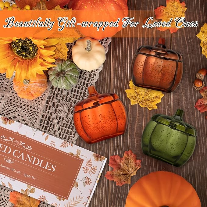 Lanpn Fall Scented Candles Gift Set 3 Pack, 16.5oz Pumpkin Glass Jar Candle, Thanksgiving Aromatherapy Soy Wax Candles for Woman Man, Autumn Fragrance Table Farmhouse Decoration, Tabletop Centerpiece