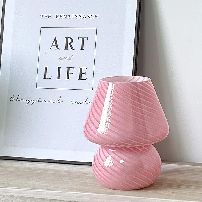 jonong Bedside Lamp Glass Striped Mushroom Table Lamp 110V Creative Gift Night Light (Pink)