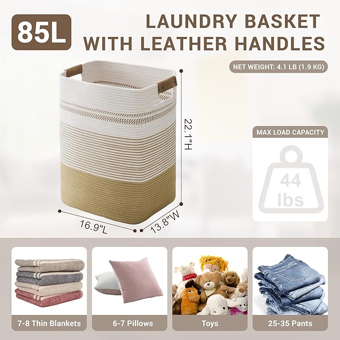 85L Tall Laundry Hamper with Handles for Living Room Storage, Extra Large Woven Rope Baskets Bin for Blanket, Kids Toy, Gifts, Wicker Hamper for Bedroom Dirty Clothes, 17"x14"x22" Khaki