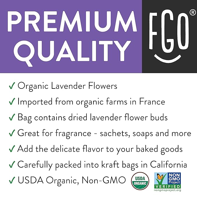FGO Organic Dried Lavender Flowers, Extra Grade Dried Buds, Imported From France for Culinary or Sachet Bags, 4oz, Packaging May Vary (Pack of 1)