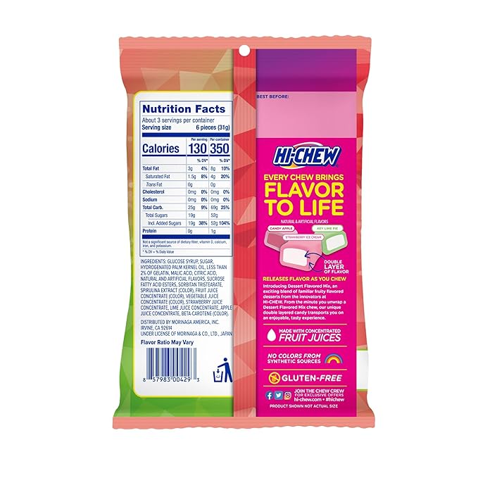 HI-CHEW Dessert Mix, 6 Bags, 3oz Each - Apple, Key Lime Pie, Strawberry Ice Cream - Unique Fun Soft & Chewy Halloween Candy - Immensely Creamy Fruity Candy Flavors - Individually Wrapped for Sharing