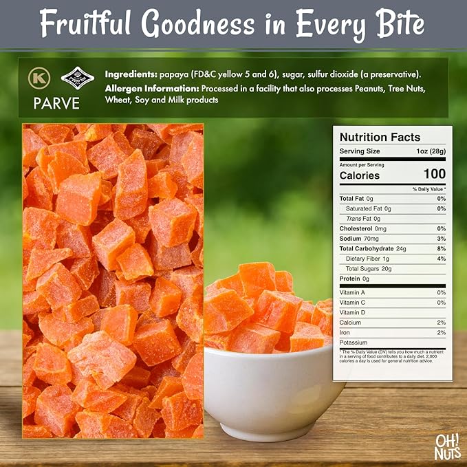 Oh! Nuts Dried Papaya Diced - 2 lb - Dried Fruit Diced - Less Sugar Added - Dehydrated Fruit Bites - Packed in New York Zip-Seal Bag for Exceptional Freshness