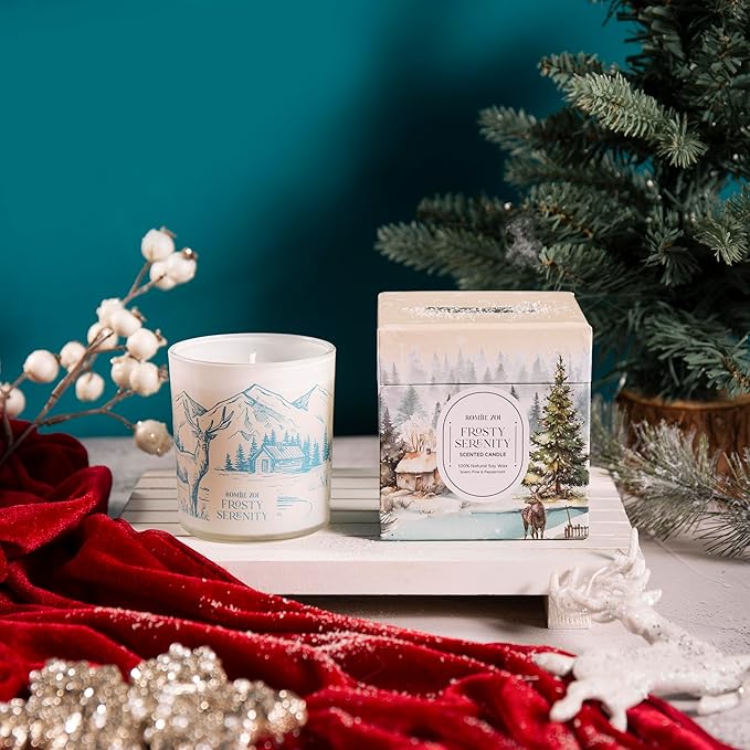 ROMIIE ZOI Christmas Scented Jar Candle - 6oz Soy Wax Candle - Frosty Serenity Infused with Frosted Mint & Fir Aroma - with Beautiful Keepsake Box Special for Christmas/Holiday Gifts