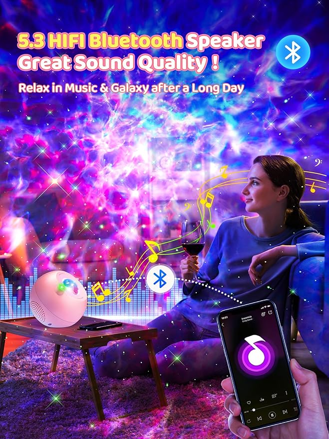Galaxy Projector for Bedroom, 15 Colors Star Projector Galaxy Light Projector for Bedroom Night Light Projector,15 White Noises Bluetooth Star Lights for Ceiling Projector