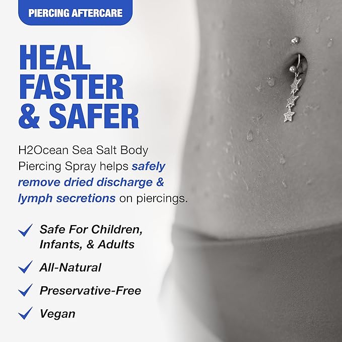 H2Ocean Sea Salt Body Piercing Spray - Saline Piercing Spray for Piercings & Body Modifications - Drug-, Preservative- & GMO-Free Vegan Piercing Aftercare - 6 oz
