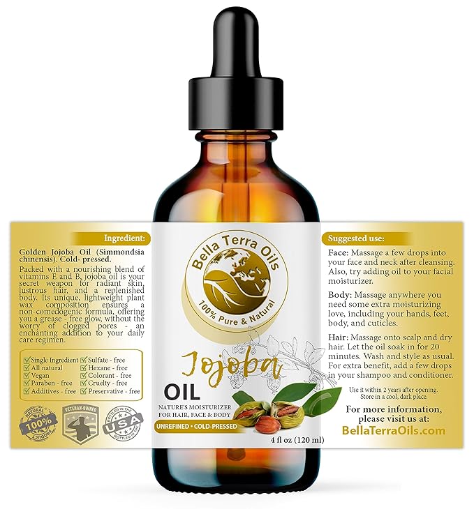 Bella Terra Oils - Organic Jojoba Oil 4oz - Cold-Pressed Excellence, Non-Comedogenic, Bathed in Vitamin C & E, For Those Seeking the Best Oils for Skin