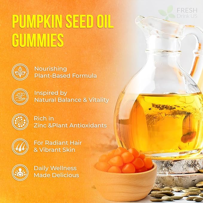 FRESHDRINKUS, Pumpkin Seed Oil Gummies | 90 Count | 4000mg with Zinc & Vitamin C – Plant-Based, Non-GMO, Gluten-Free – Premium Men’s & Women’s Wellness Gummies