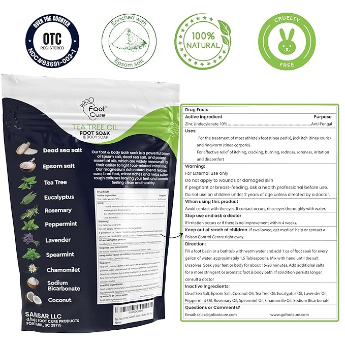 FOOT CURE Tea Tree Oil Foot Soak with Epsom Salts- for Foot Pain, Soreness, Athletes Foot, Odors, Toe Nail Fungus, Fungal, Calluses (Pack of 4)