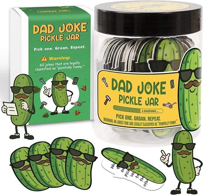 Dad Joke Jar, 60 Funny Dad Jokes in a Pickle Jar Gift for Dad, Gag Gifts for Men, Hilarious from Kids, Teens or Wife, Birthday for Him