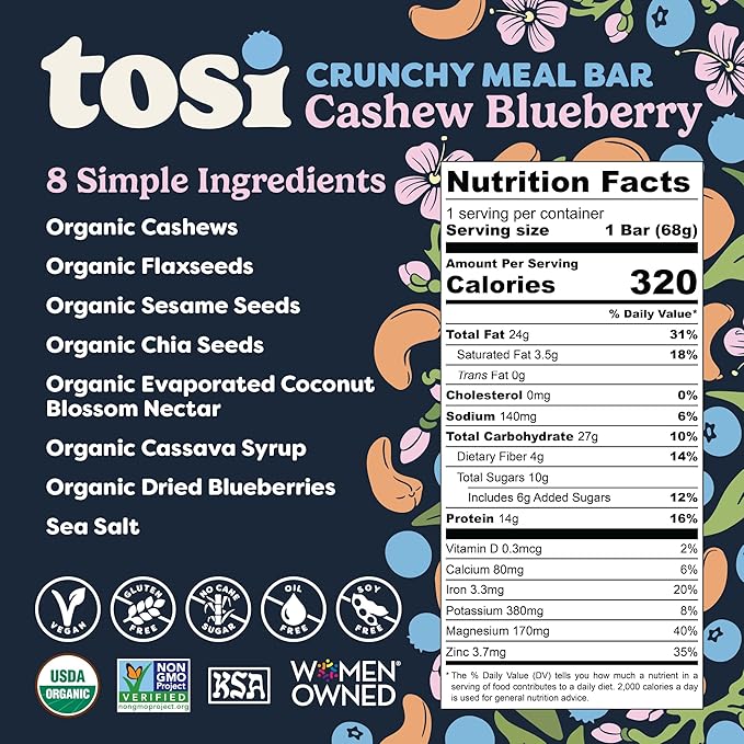 Tosi Cashew Blueberry Protein Bars, Plant Based with Nuts, Gluten-Free Crunchy Snacks, Vegan, Organic, Flax & Chia Seeds, Soy-Free, Omega 3s, 12G Protein, 2.4 oz, 12-Pack