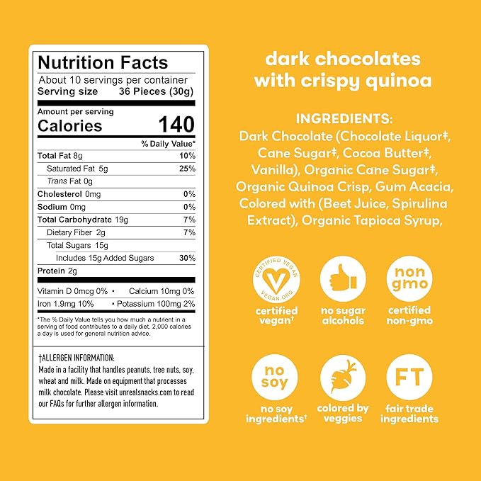 UNREAL Dark Chocolate Quinoa Gems (Value Size Bag) | Vegan, Colors from Nature | Fair Trade, Non-GMO | Gluten Free, No Sugar Alcohols or Soy | 11oz