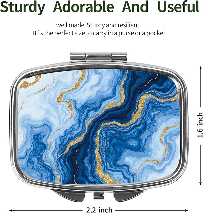 Dynippy Pill Case Pill Box with Mirror Retro Pocket 2 Compartment Medicine Case Vitamin Pill Organizer for Pocket Purse and Travel (Silver-Blue Gold Marble)