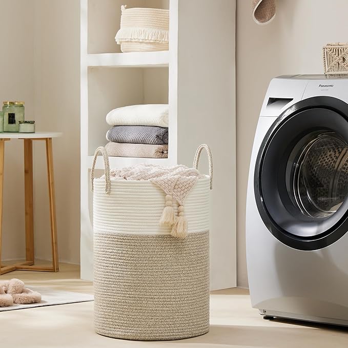 Cotton Rope Laundry Basket by YOUDENOVA, 72L Woven Collapsible Laundry Hamper, Clothes Hamper with Reinforced Handles in the Laundry Room, Bedroom, Bathroom, Brown