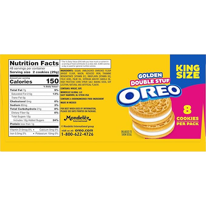 OREO Double Stuf Golden Sandwich Cookies, King Size, 12 Snack Packs (8 Cookies Per Pack)